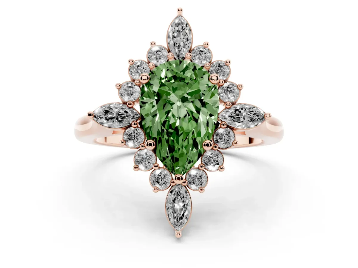 Fancy Green Pear Cut Diamond Cluster Halo Ring Set in Rose gold with Marquise and Round Accents