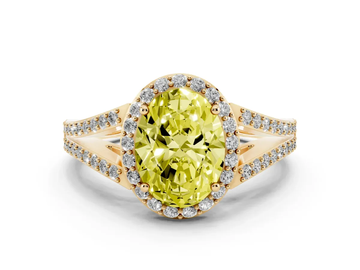 Fancy Yellow Oval Cut Diamond Halo Split Shank Pavé Ring Set in Yellow gold with Prong Setting