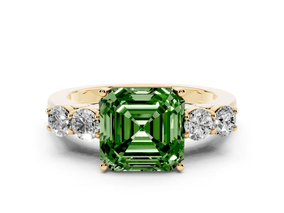 Fancy Green Asscher Cut Diamond Five-Stone Prong Set Band Ring Set in Yellow gold with Polished Band