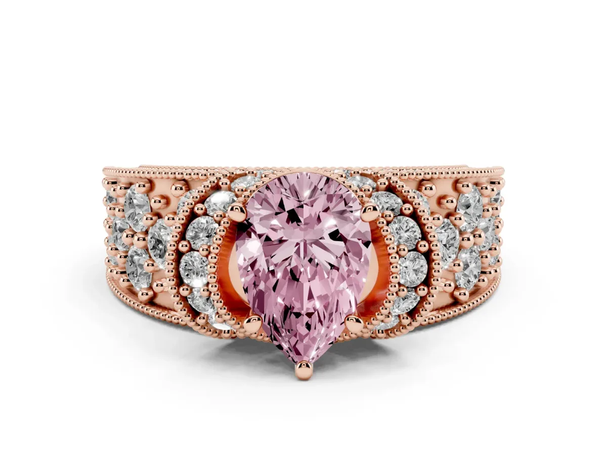 Fancy Pink Pear Cut Diamond Milgrain Halo Pavé Engagement Ring Set in Rose gold with Prong Setting