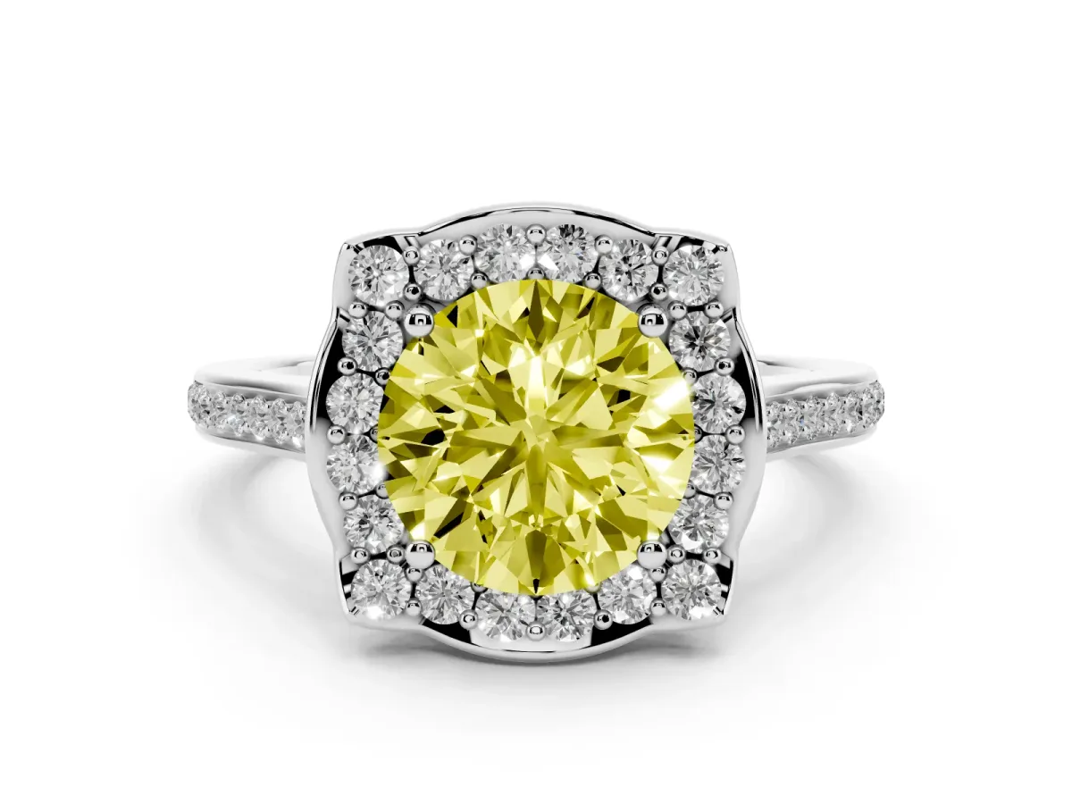 Fancy Yellow Round Cut Diamond Halo Ring Set in White gold with Pavé-Lined Shoulders and Prong Setting
