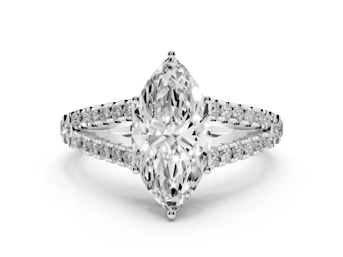 Marquise Cut Diamond Split Shank Pavé Engagement Ring Set in Platinum with Prong-Held Center Stone