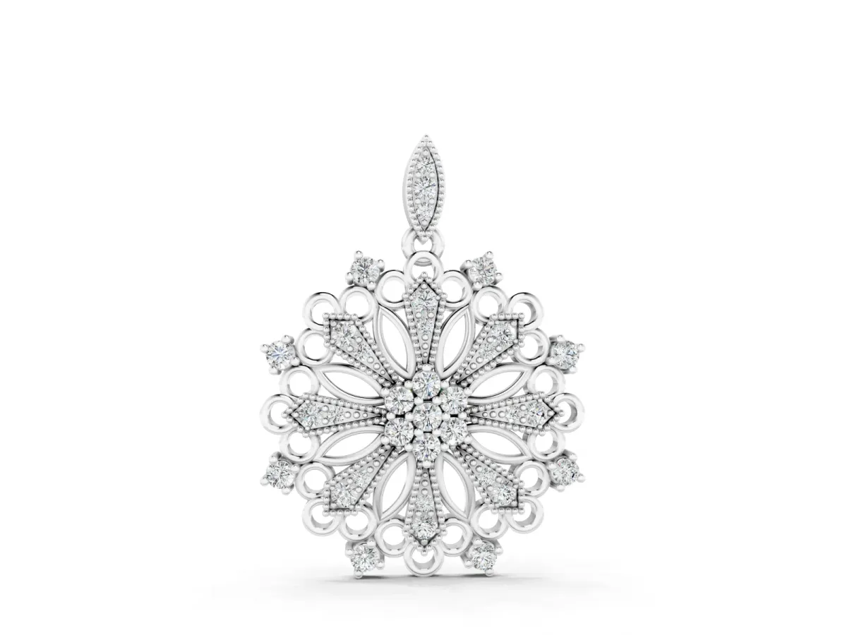 Round Diamond Cluster Pendant Set in Silver with Milgrain Floral Frame
