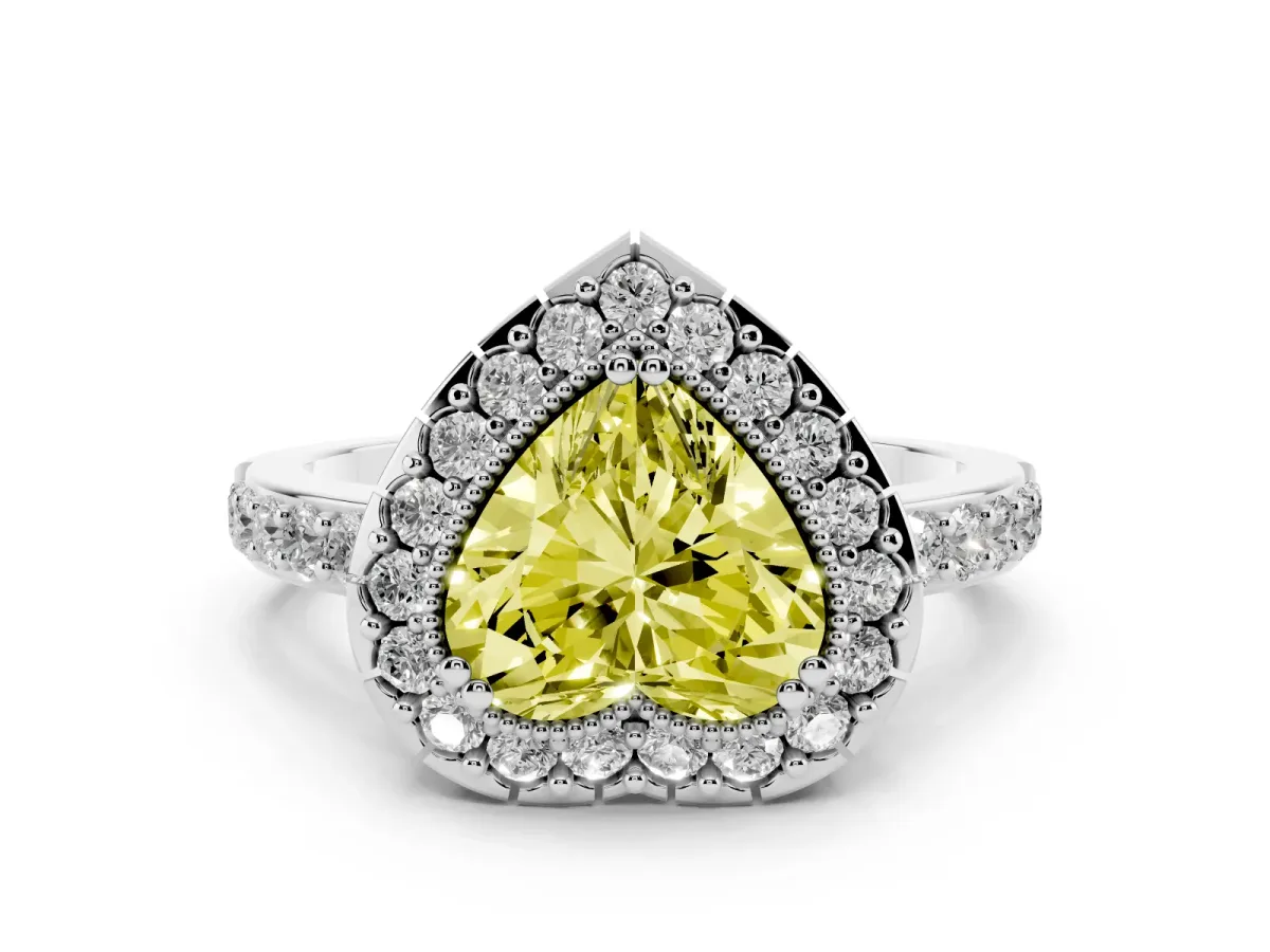 Fancy Yellow Heart Cut Diamond Halo Ring Set in Platinum with Pavé Shank and Prong Setting