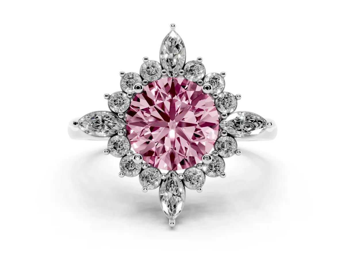 Fancy Pink Round Cut Diamond Cluster Halo Ring Set in Silver with Marquise and Round Accents