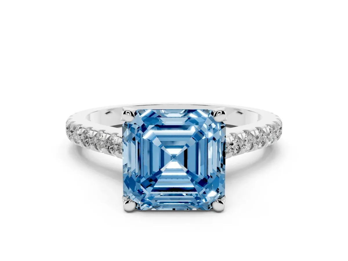 Fancy Blue Asscher Cut Diamond Solitaire Ring Set in Silver with Brilliant Pavé Band and Prong Setting
