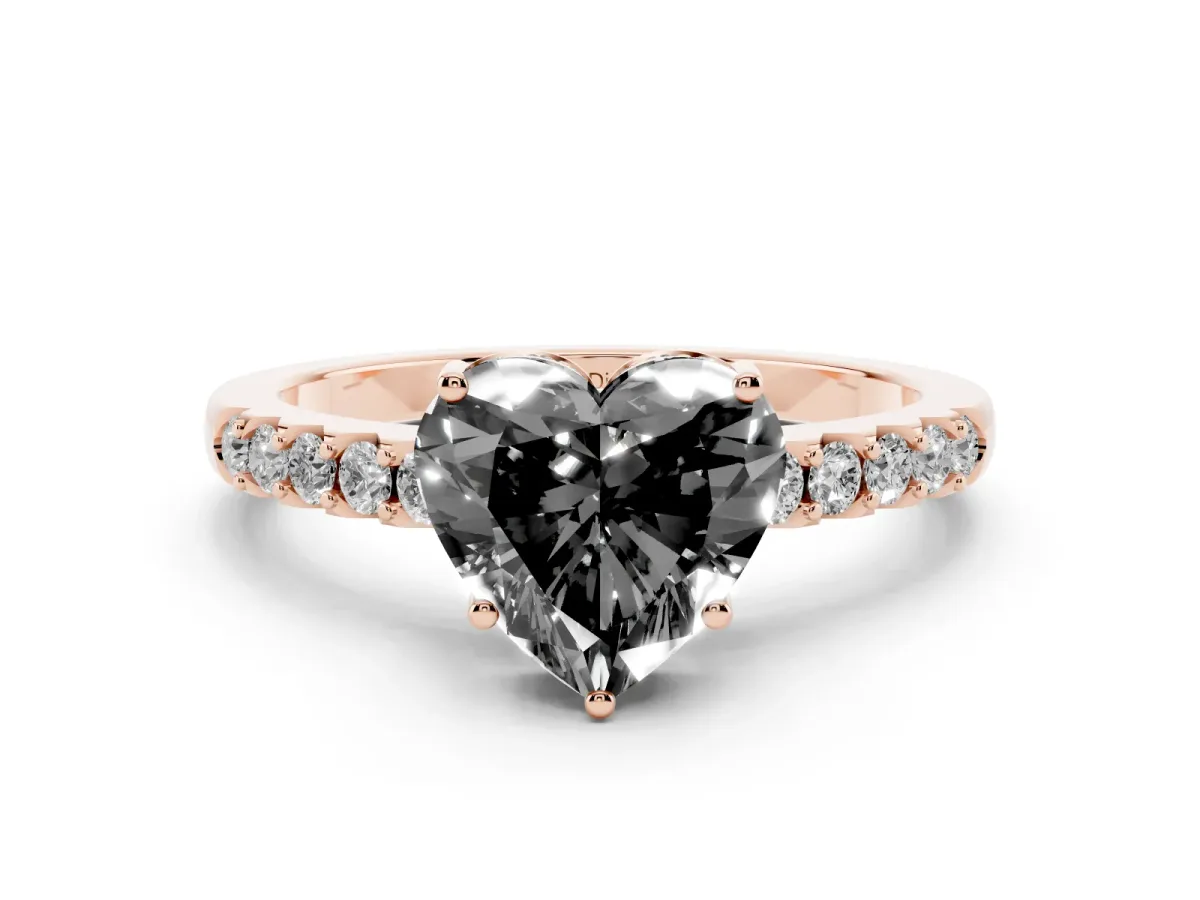 Fancy Black Heart Cut Diamond Solitaire Engagement Ring Set in Rose gold with Pavé Band and Prong Setting