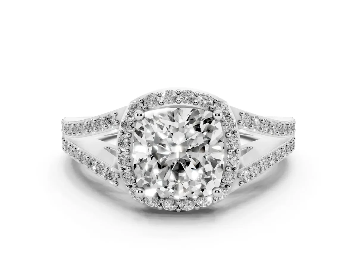 Cushion Cut Diamond Halo Split Shank Pavé Ring Set in Platinum with Prong Setting