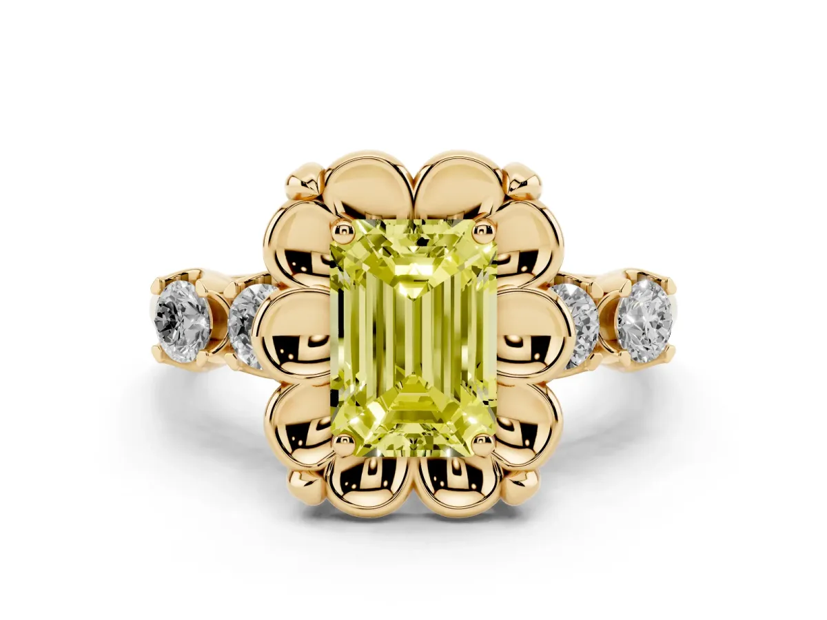 Fancy Yellow Emerald Cut Diamond Floral Halo Ring Set in Yellow gold with Shared Prong Band