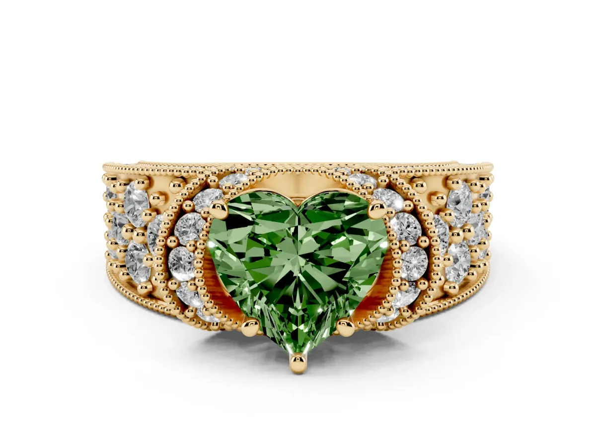 Fancy Green Heart Cut Diamond Milgrain Halo Pavé Engagement Ring Set in Yellow gold with Prong Setting