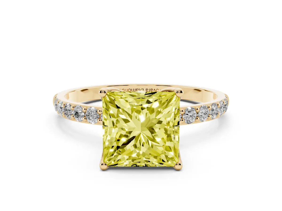 Fancy Yellow Princess Cut Diamond Solitaire Engagement Ring Set in Yellow gold with Round Pavé Band and Prong Setting