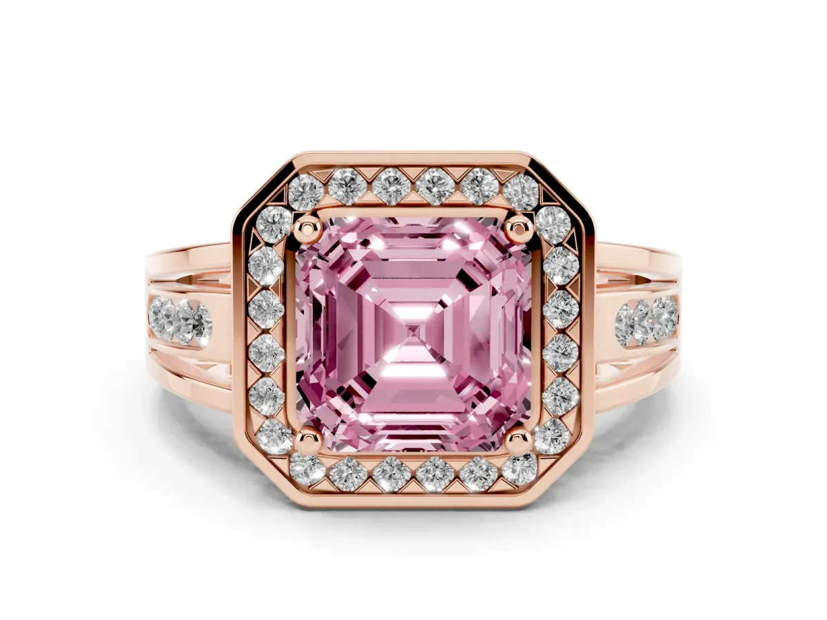 Fancy Pink Asscher Cut Diamond Halo Ring Set in Rose gold with Pavé and Bezel Accent Split Shank