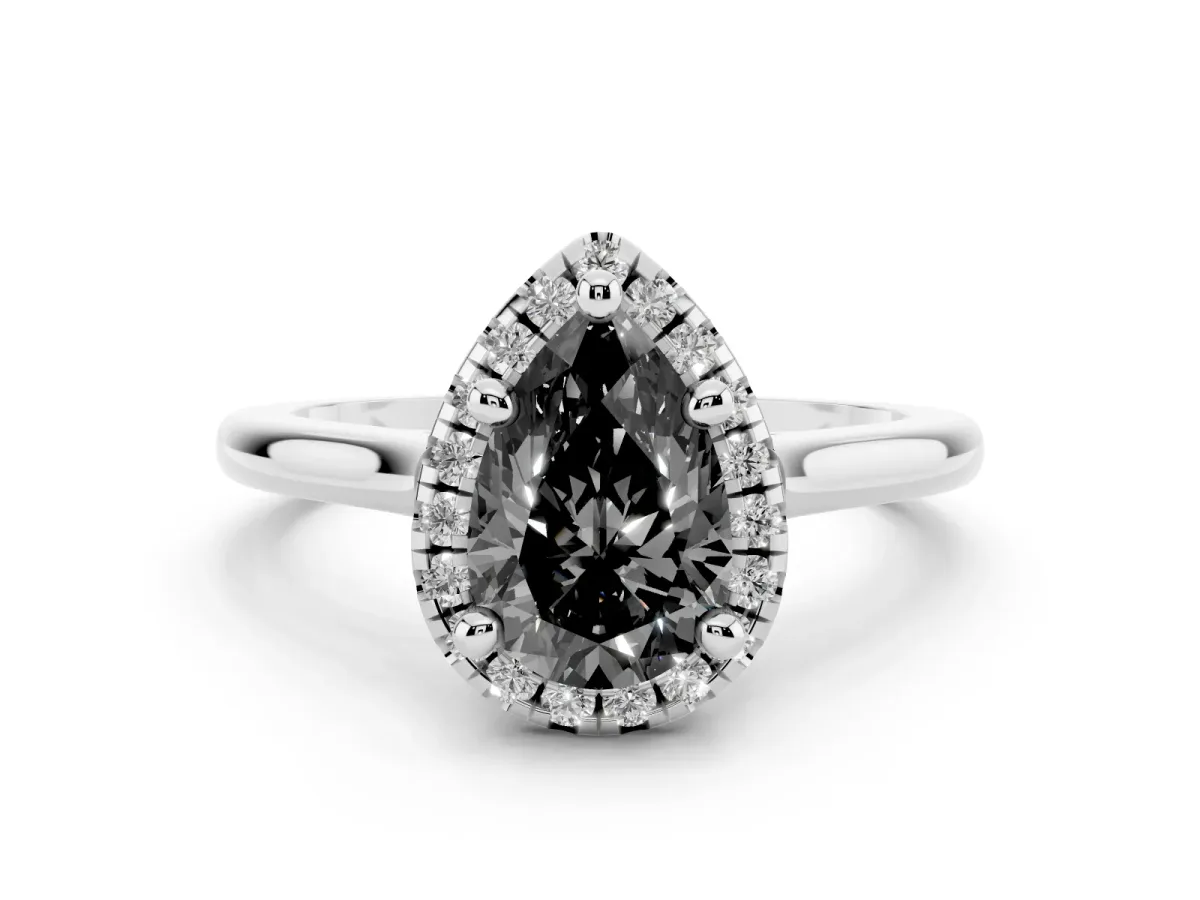 Fancy Black Pear Cut Diamond Halo Engagement Ring Set in White gold with Pavé Band and Rising Shoulders