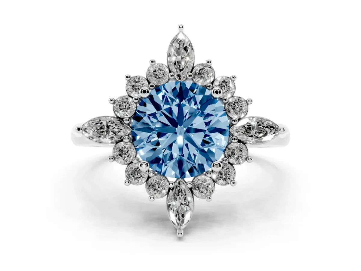 Fancy Blue Round Cut Diamond Cluster Halo Ring Set in Silver with Marquise and Round Accents