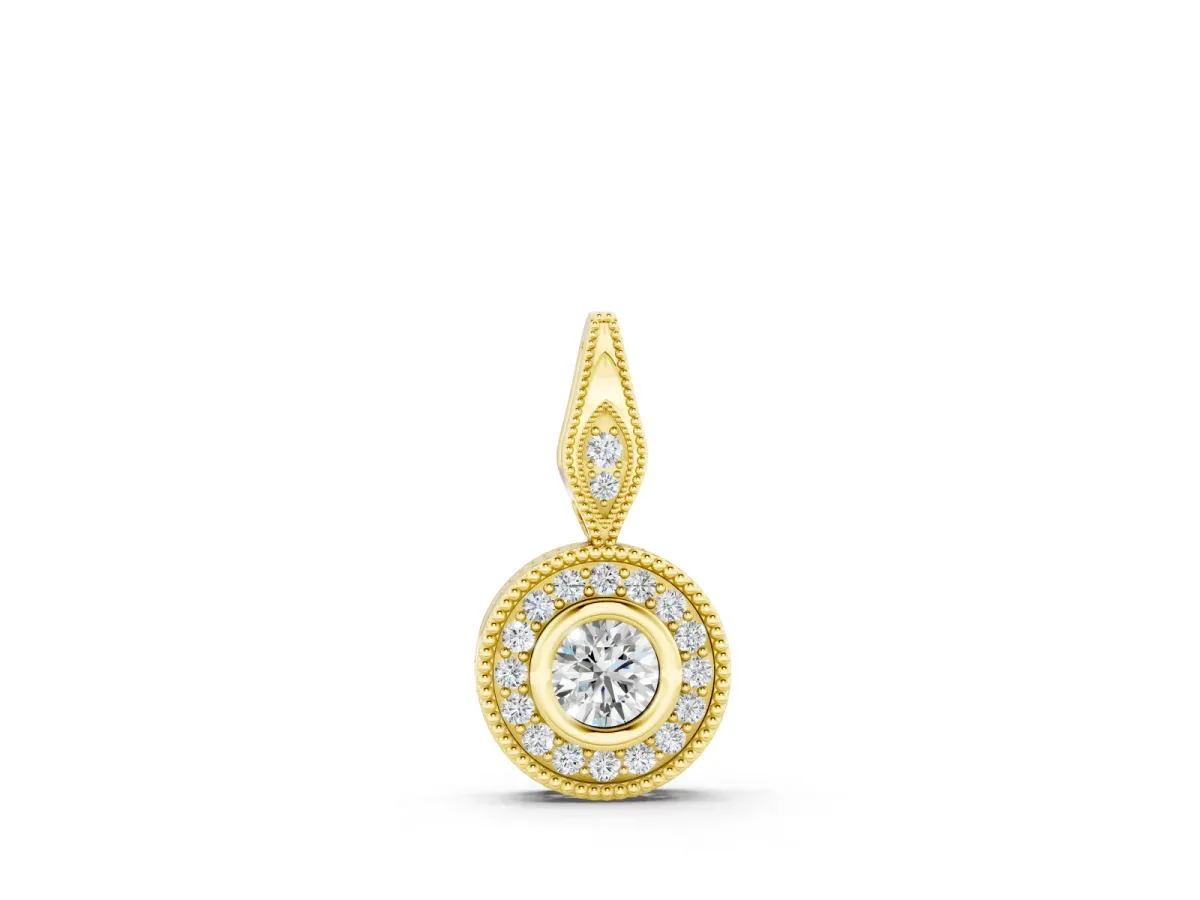 Round Halo Pendant Set in Yellow gold with Bezel-Set Center