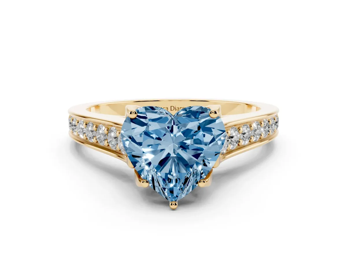 Fancy Blue Heart Cut Diamond Solitaire Pavé Engagement Ring Set in Yellow gold with Prong Setting