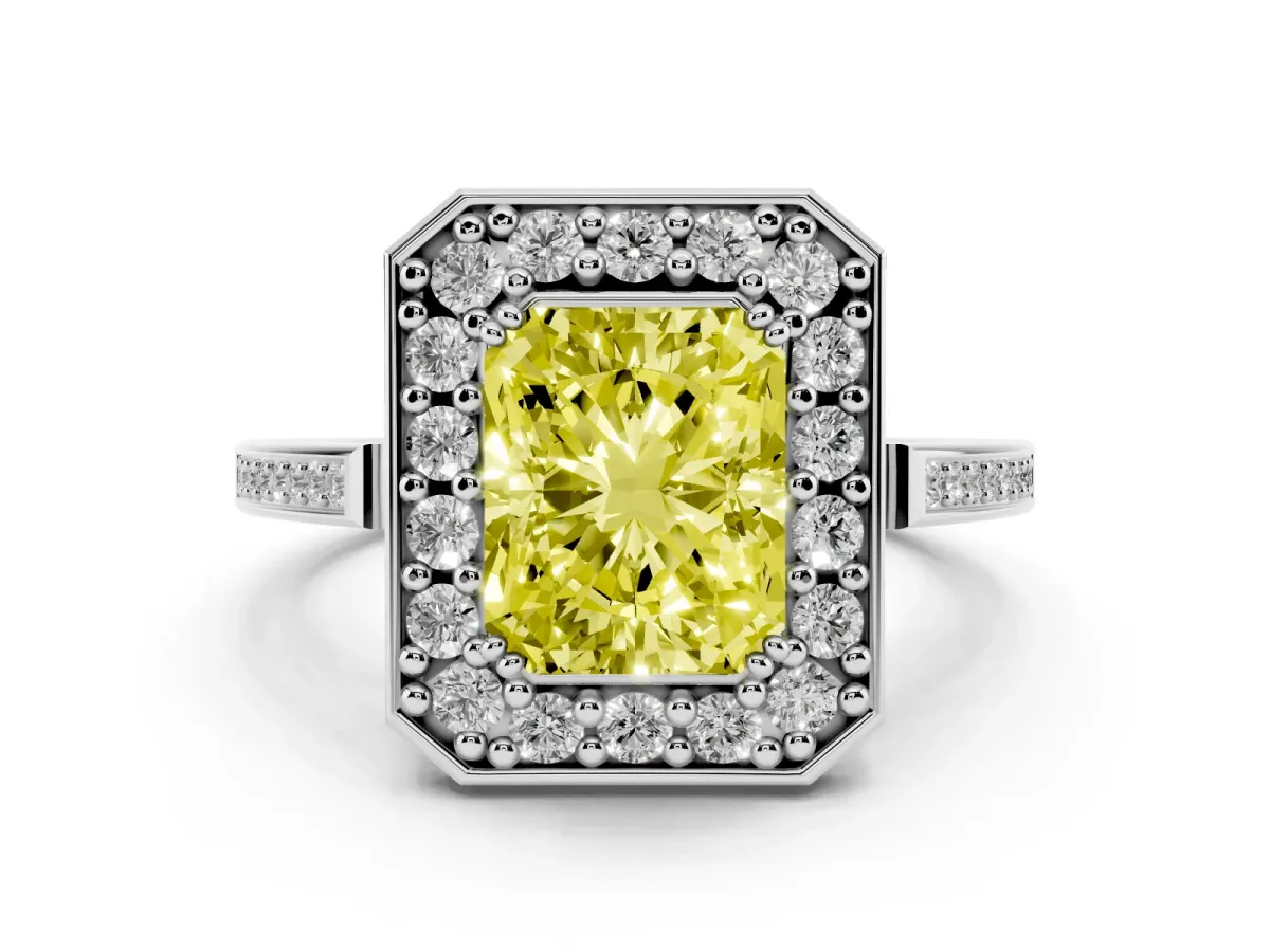 Fancy Yellow Radiant Cut Diamond Halo Ring Set in Silver with Accent-Lined Split Shank and Prong Setting