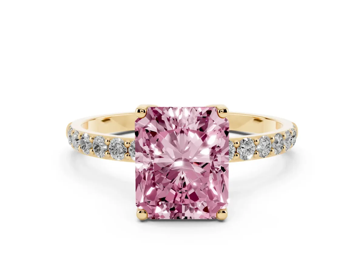 Fancy Pink Radiant Cut Diamond Solitaire Engagement Ring Set in Yellow gold with Round Pavé Band and Prong Setting
