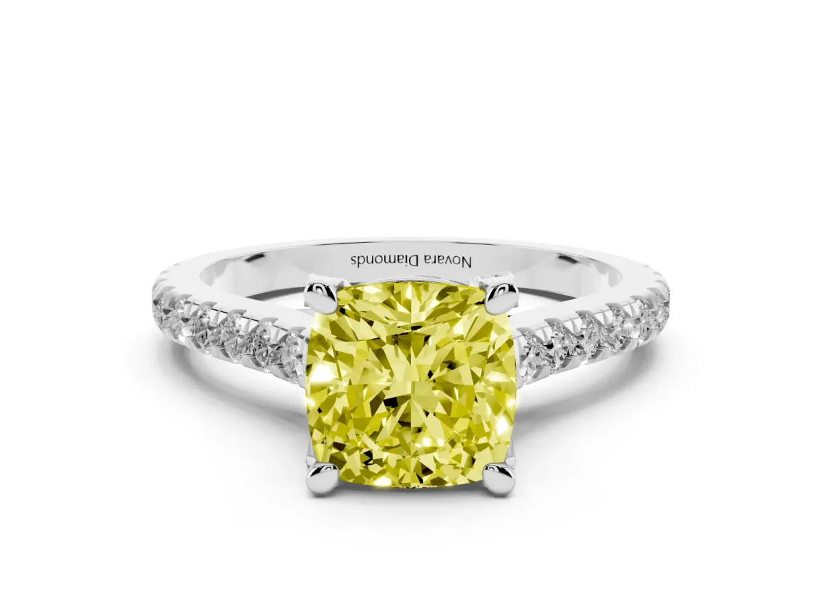 Fancy Yellow Cushion Cut Diamond Solitaire Ring Set in Platinum with Brilliant Pavé Band and Prong Setting