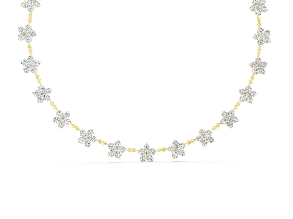 Round Diamond Floral Station Necklace Set in Yellow gold with Accent Centers