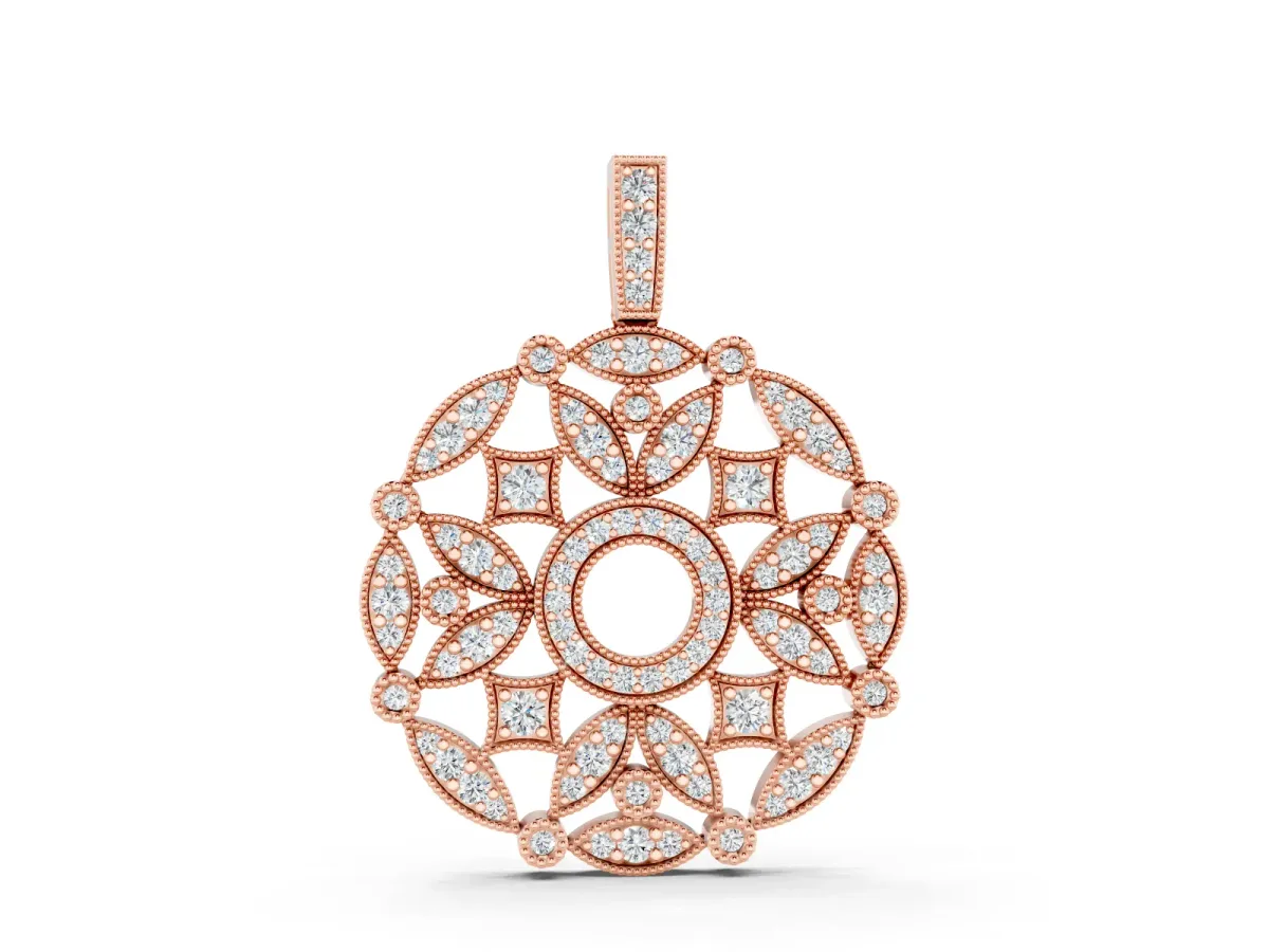 Round Diamond Filigree Pendant Set in Rose gold with Pavé Setting