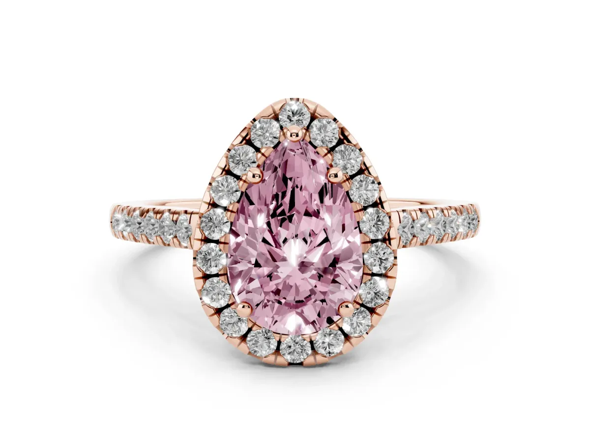 Fancy Pink Pear Cut Diamond Pavé Halo Engagement Ring Set in Rose gold with Pavé Band and Prong Setting
