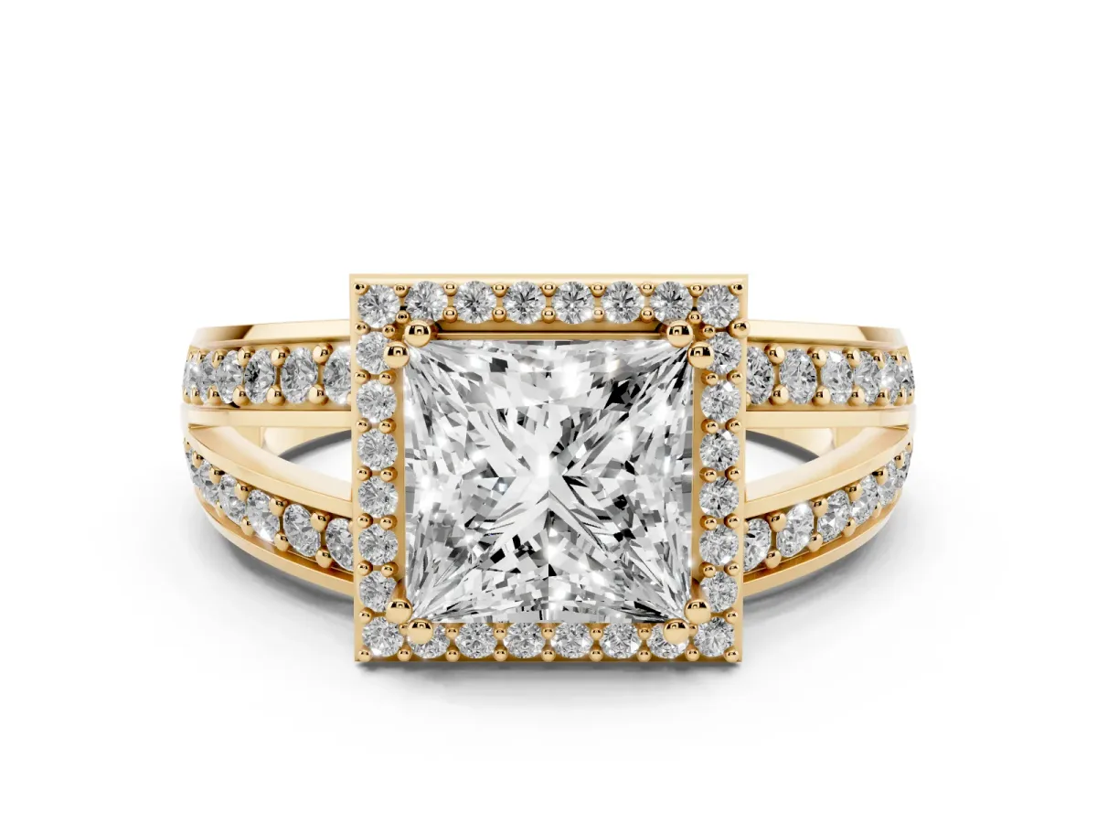 Princess Cut Diamond Halo Ring Set in Yellow gold with Double Pavé Split Shank