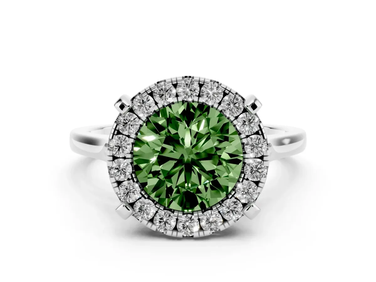 Fancy Green Round Cut Diamond Cluster Halo Solitaire Ring Set in Platinum with Prong Setting