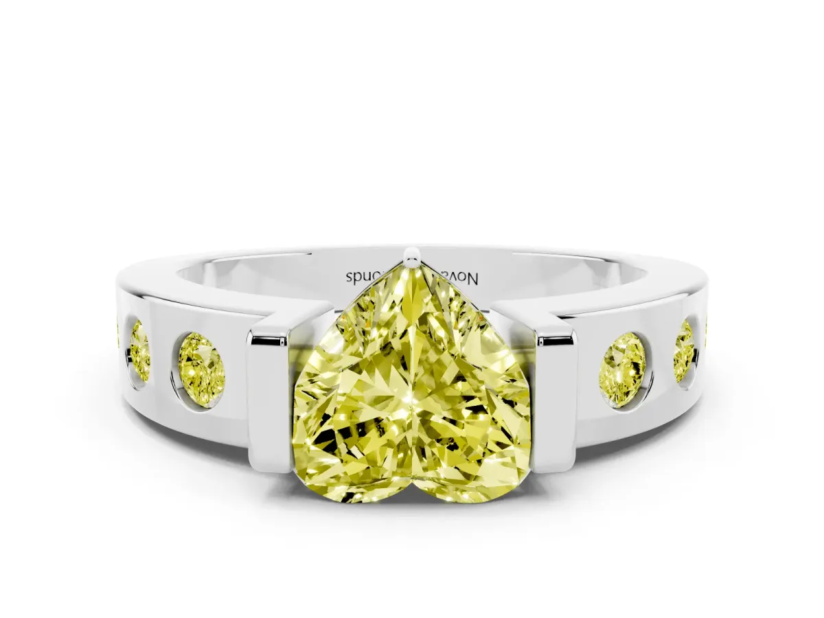 Fancy Yellow Heart Cut Diamond Channel-Set Band Ring Set in White gold with Bezel Prong Setting