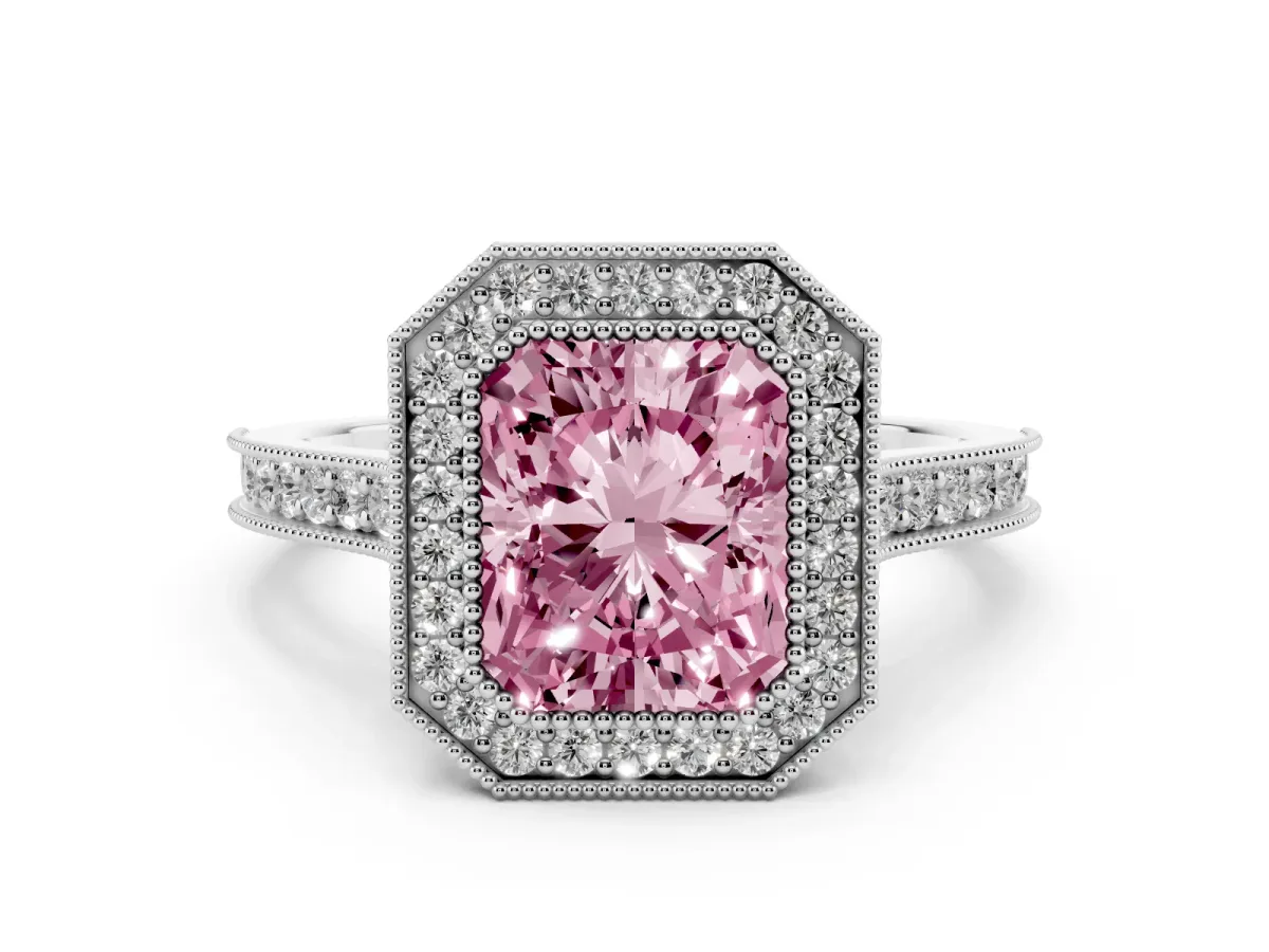 Fancy Pink Radiant Cut Diamond Halo Milgrain Pavé Band Ring Set in Platinum with Prong Setting