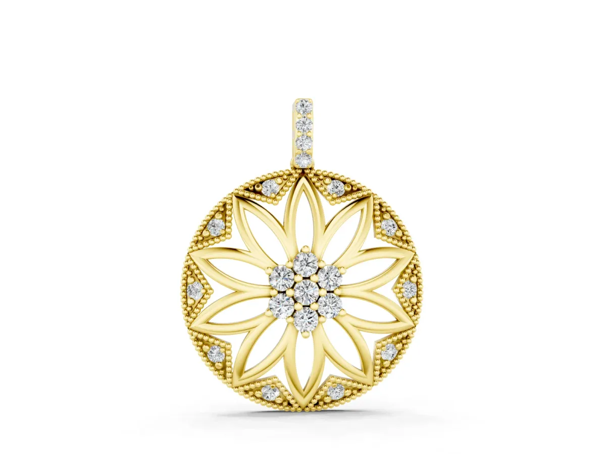 Round Diamond Cluster Flower Pendant Set in Yellow gold with Openwork Petals