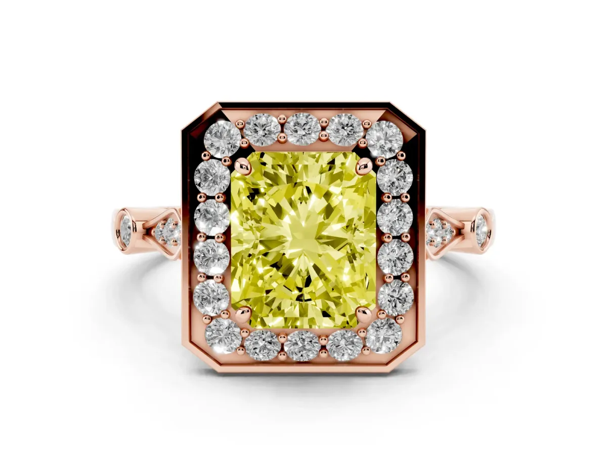 Fancy Yellow Radiant Cut Diamond Halo Engagement Ring Set in Rose gold with Twisted Band and Prong Setting