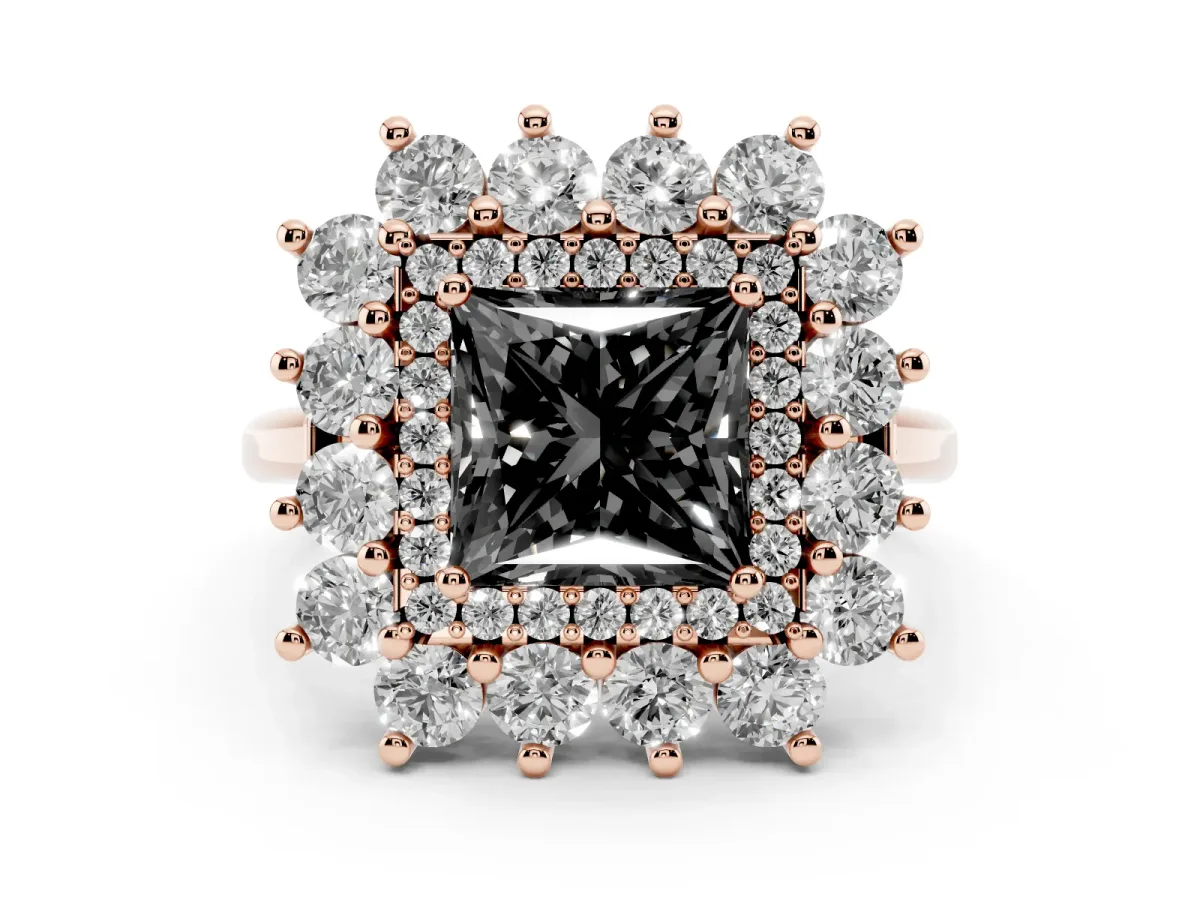 Fancy Black Princess Cut Diamond Floral Double Halo Ring Set in Rose gold with Round Petals