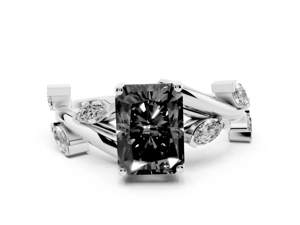 Fancy Black Radiant Cut Diamond Solitaire Ring Set in White gold with Twisted Marquise Accent Band