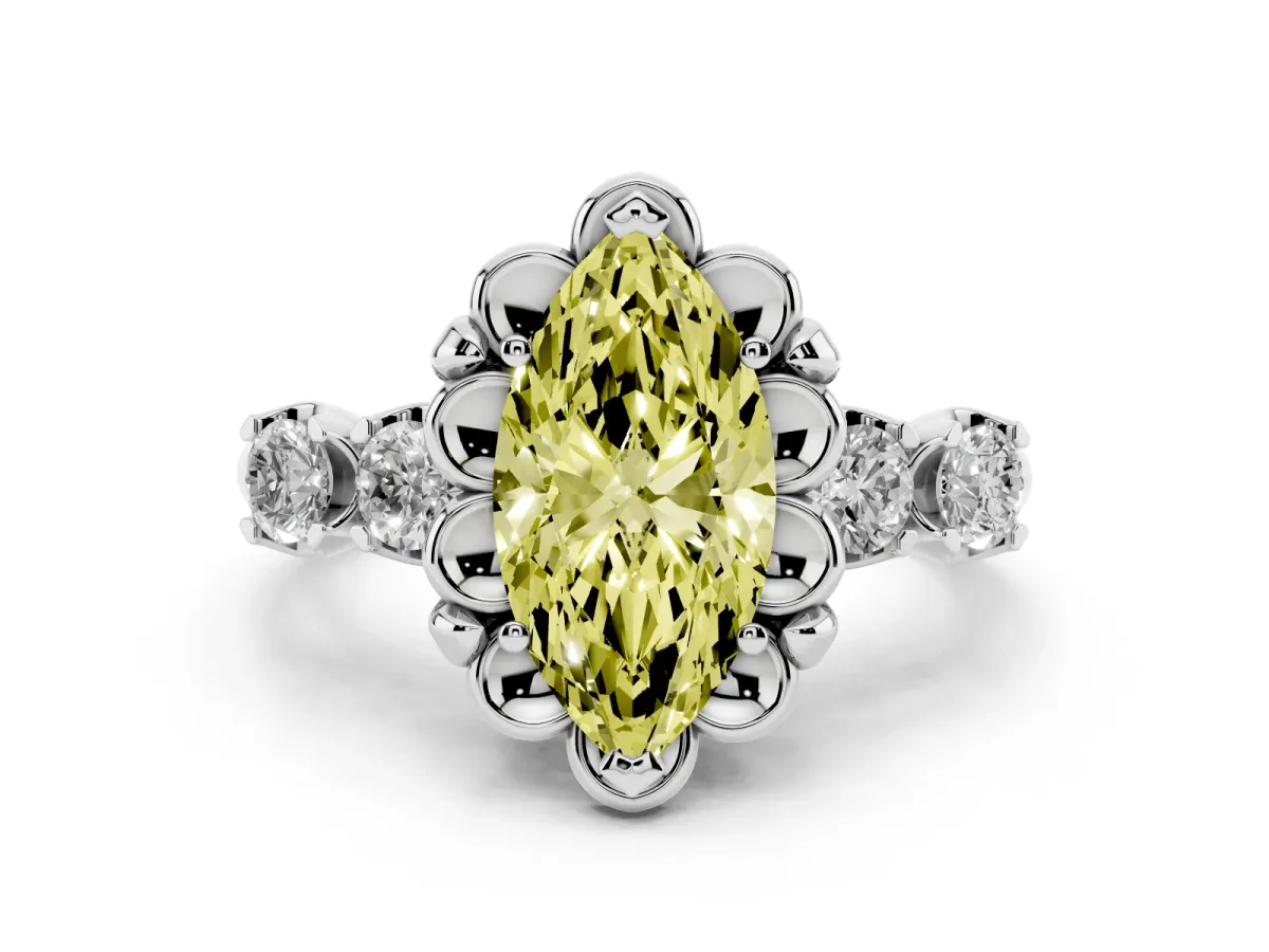 Fancy Yellow Marquise Cut Diamond Floral Halo Ring Set in Silver with Shared Prong Band