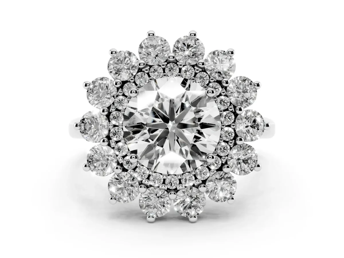 Round Cut Diamond Floral Double Halo Ring Set in Platinum with Round Petals