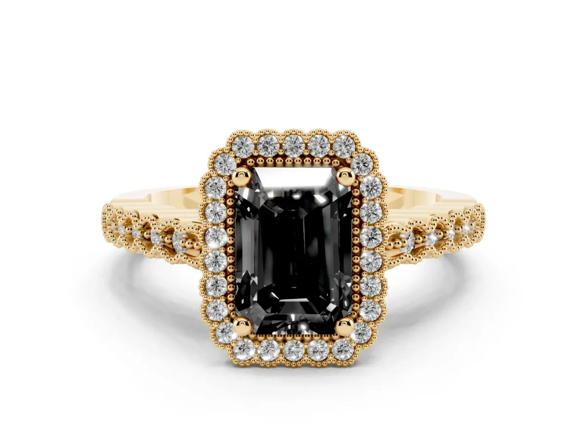 Fancy Black Radiant Cut Diamond Halo Ring Set in Yellow gold with Pavé Milgrain Band