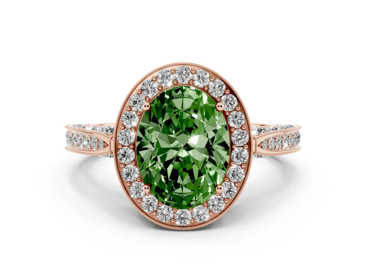 Fancy Green Oval Cut Diamond Halo Engagement Ring Set in Rose gold with Accent Split Shank Band