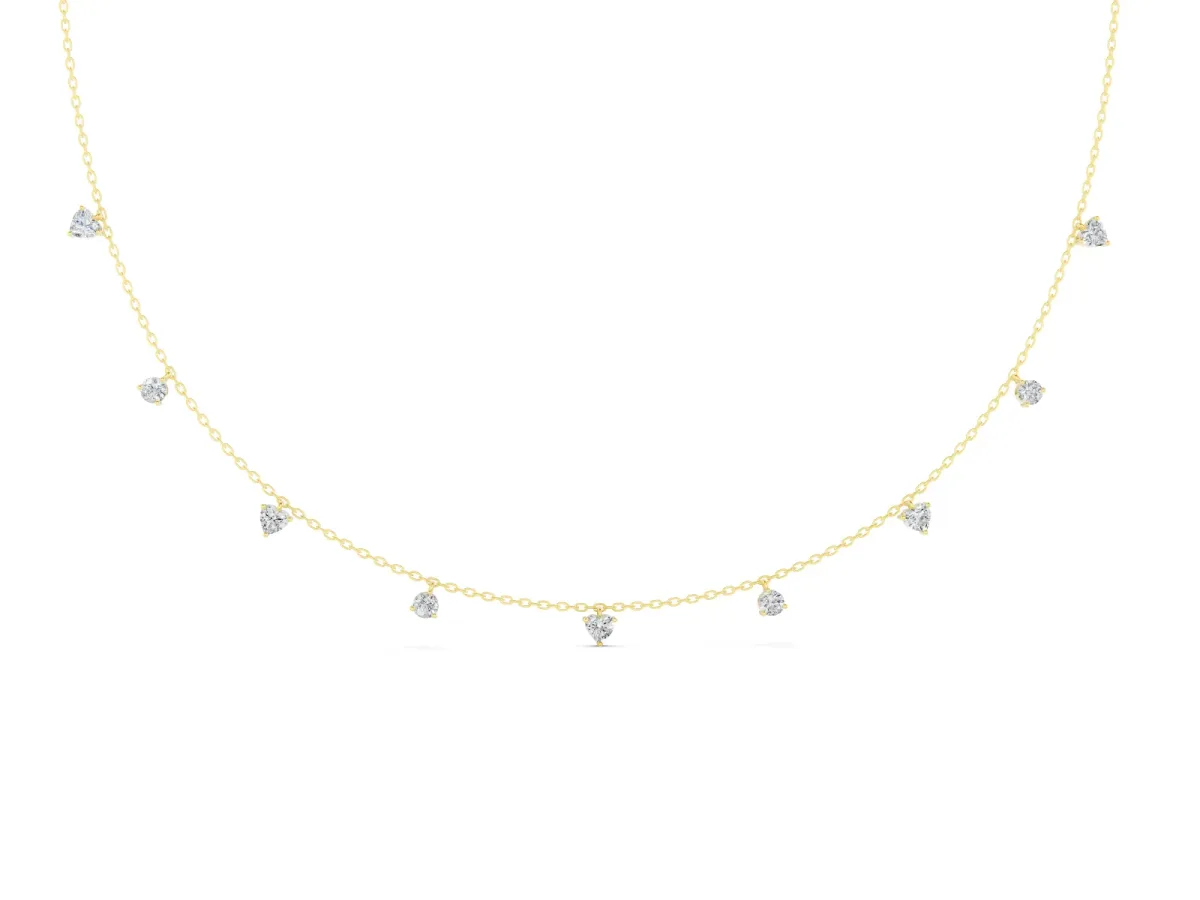 Heart and Round Diamond Station Necklace Set in Yellow gold with Alternating Stones
