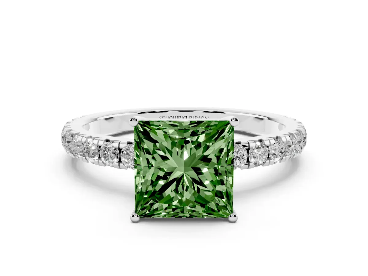 Fancy Green Princess Cut Diamond Pavé Solitaire Engagement Ring Set in White gold with Prong Setting