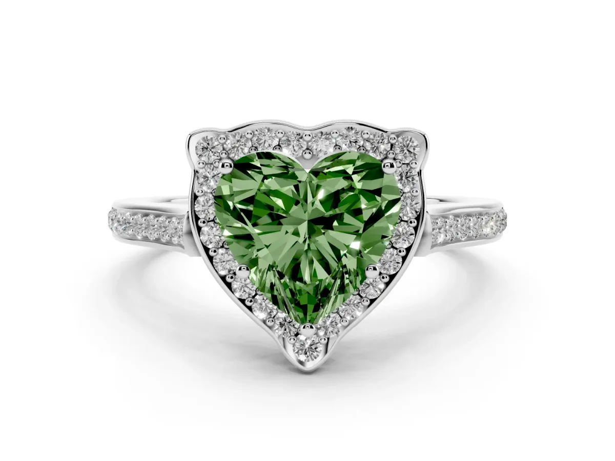 Fancy Green Heart Cut Diamond Halo Ring Set in Platinum with Pavé-Lined Shoulders and Prong Setting