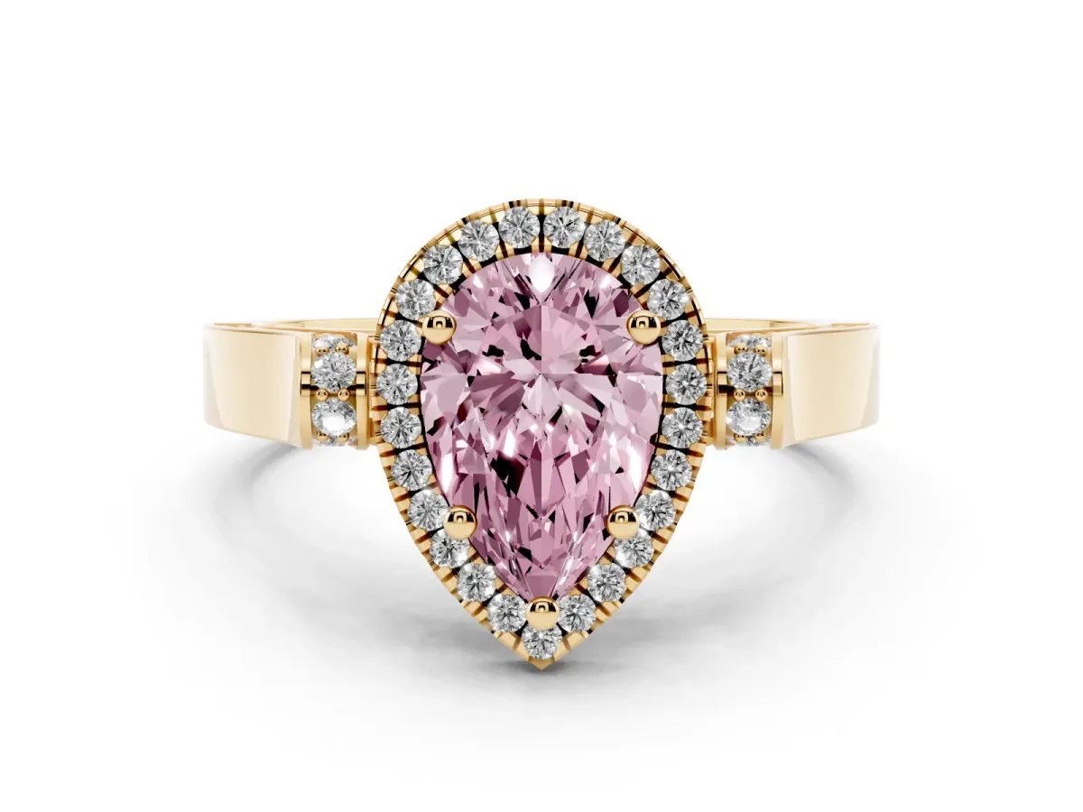 Fancy Pink Pear Cut Diamond Halo Ring Set in Yellow gold with Pavé-Lined Split Shank Band
