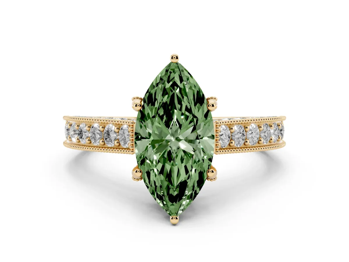 Fancy Green Marquise Cut Diamond Solitaire Ring Set in Yellow gold with Milgrain-Edged Pavé Band and Prong Setting