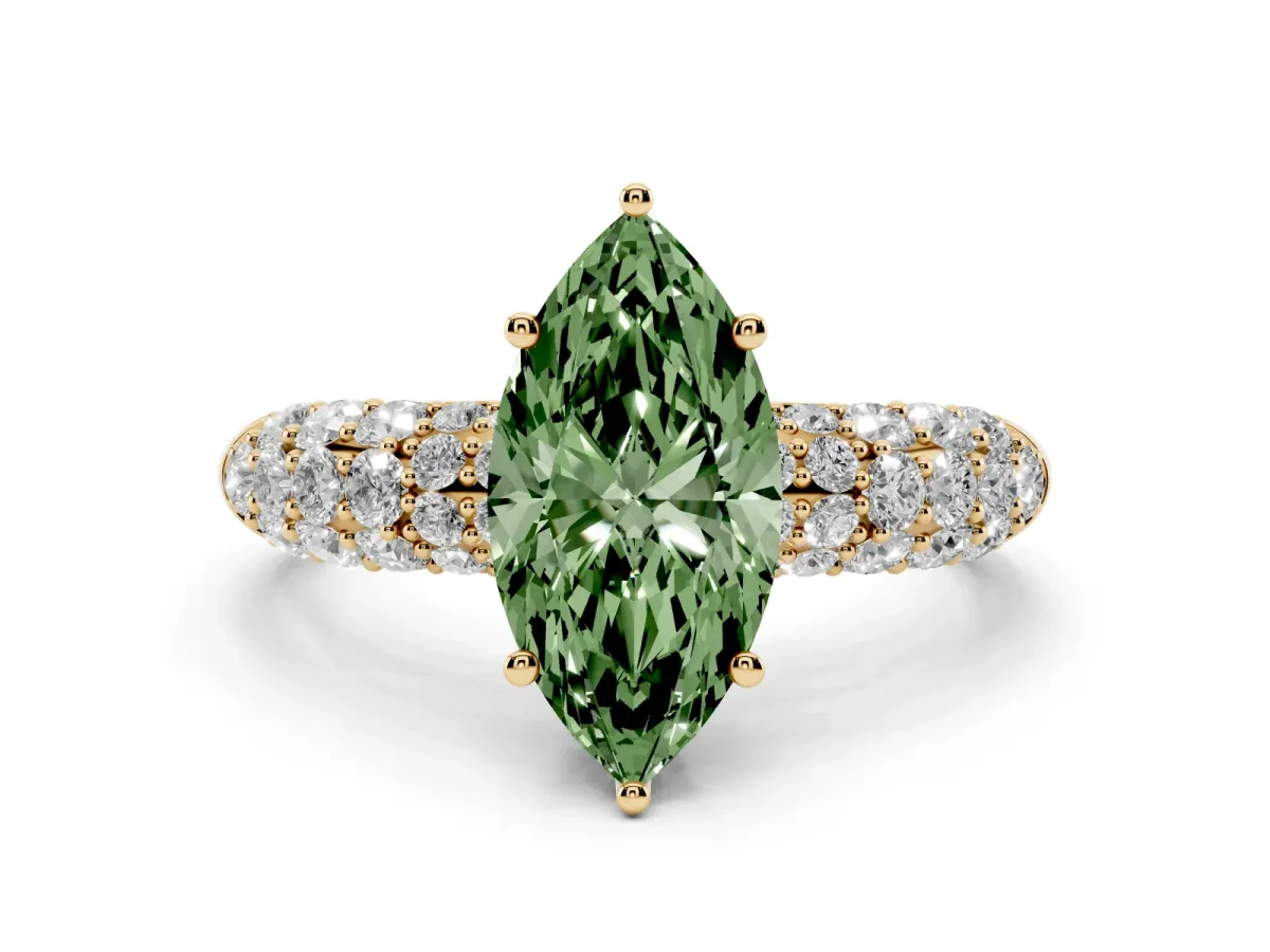Fancy Green Marquise Cut Diamond Pavé Band Solitaire Ring Set in Yellow gold with Close-Set Accent Stones and Prong Setting