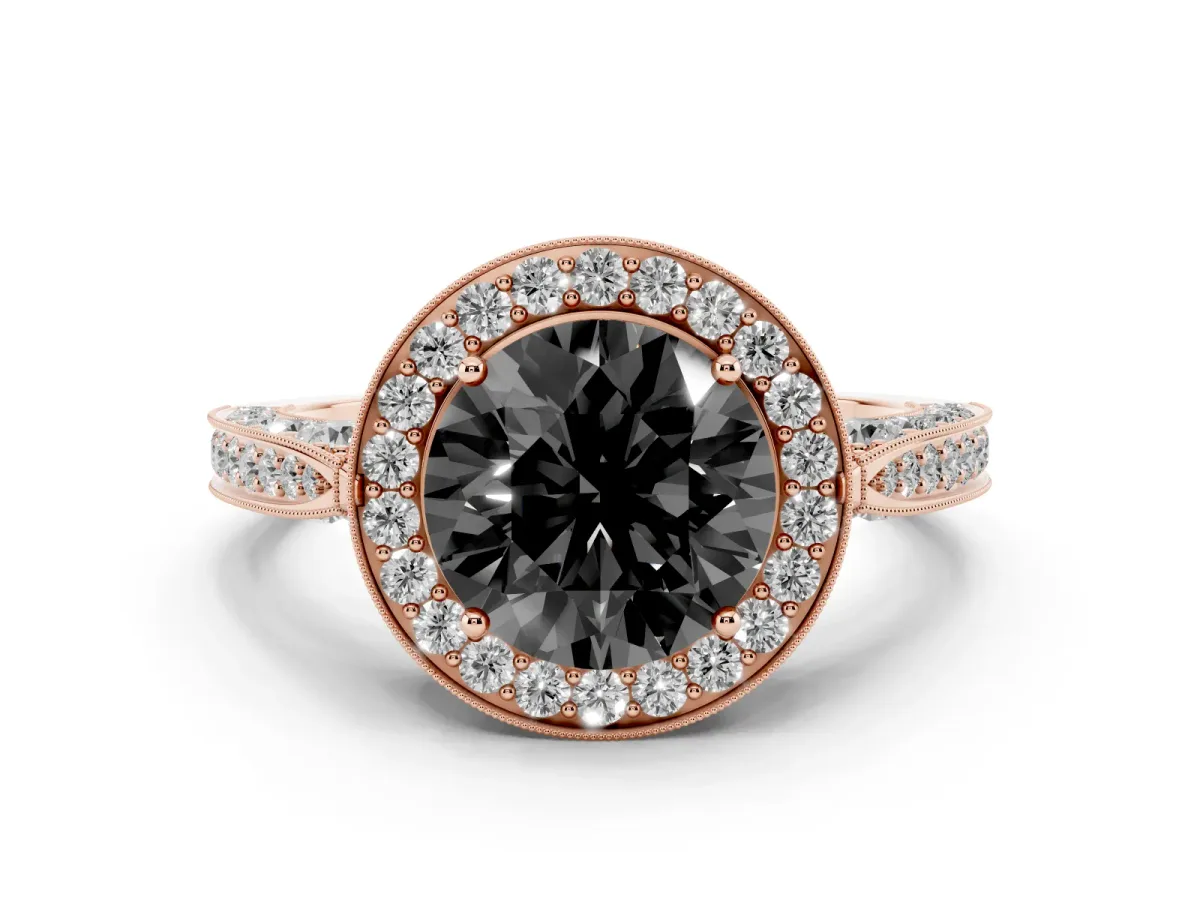 Fancy Black Round Cut Diamond Halo Engagement Ring Set in Rose gold with Accent Split Shank Band