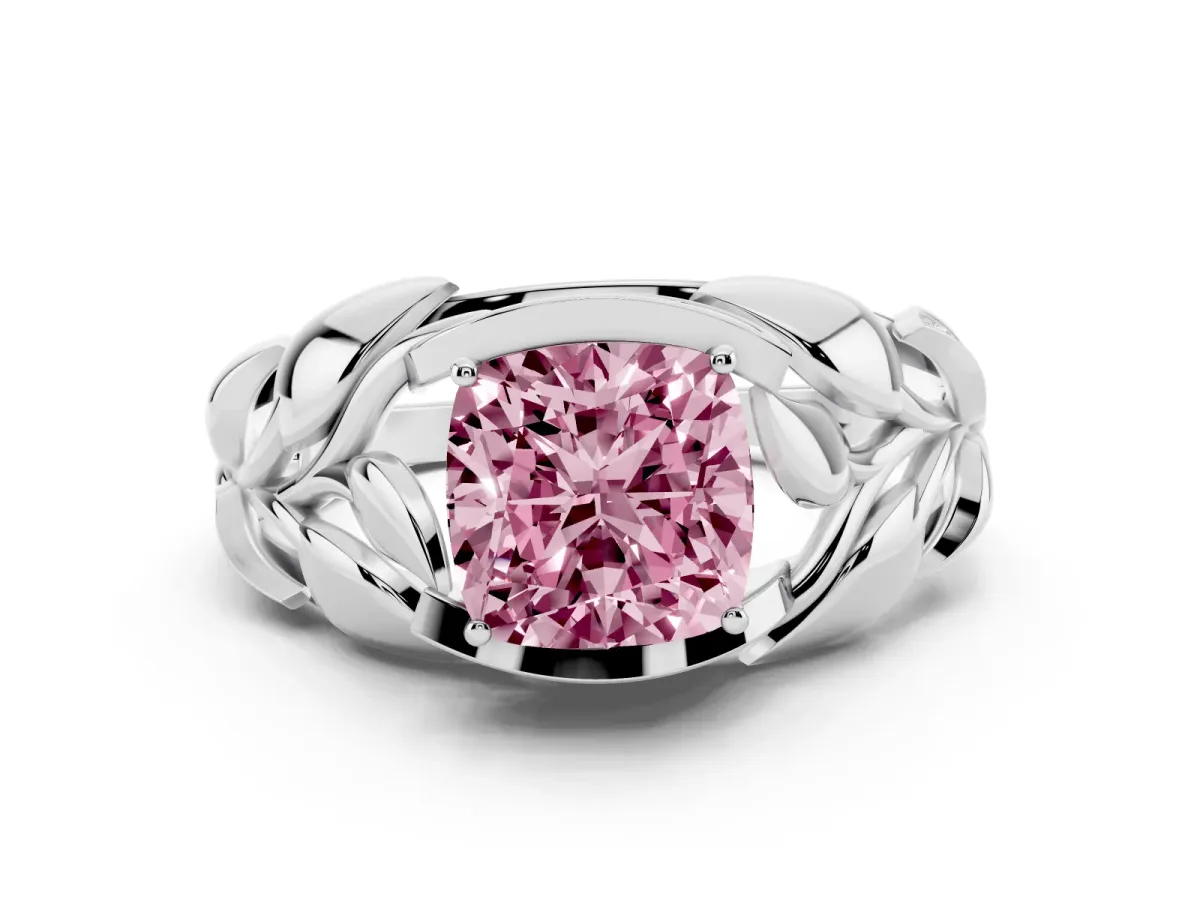 Fancy Pink Cushion Cut Diamond Leaf-Inspired Engagement Ring Set in Platinum with Round Accents
