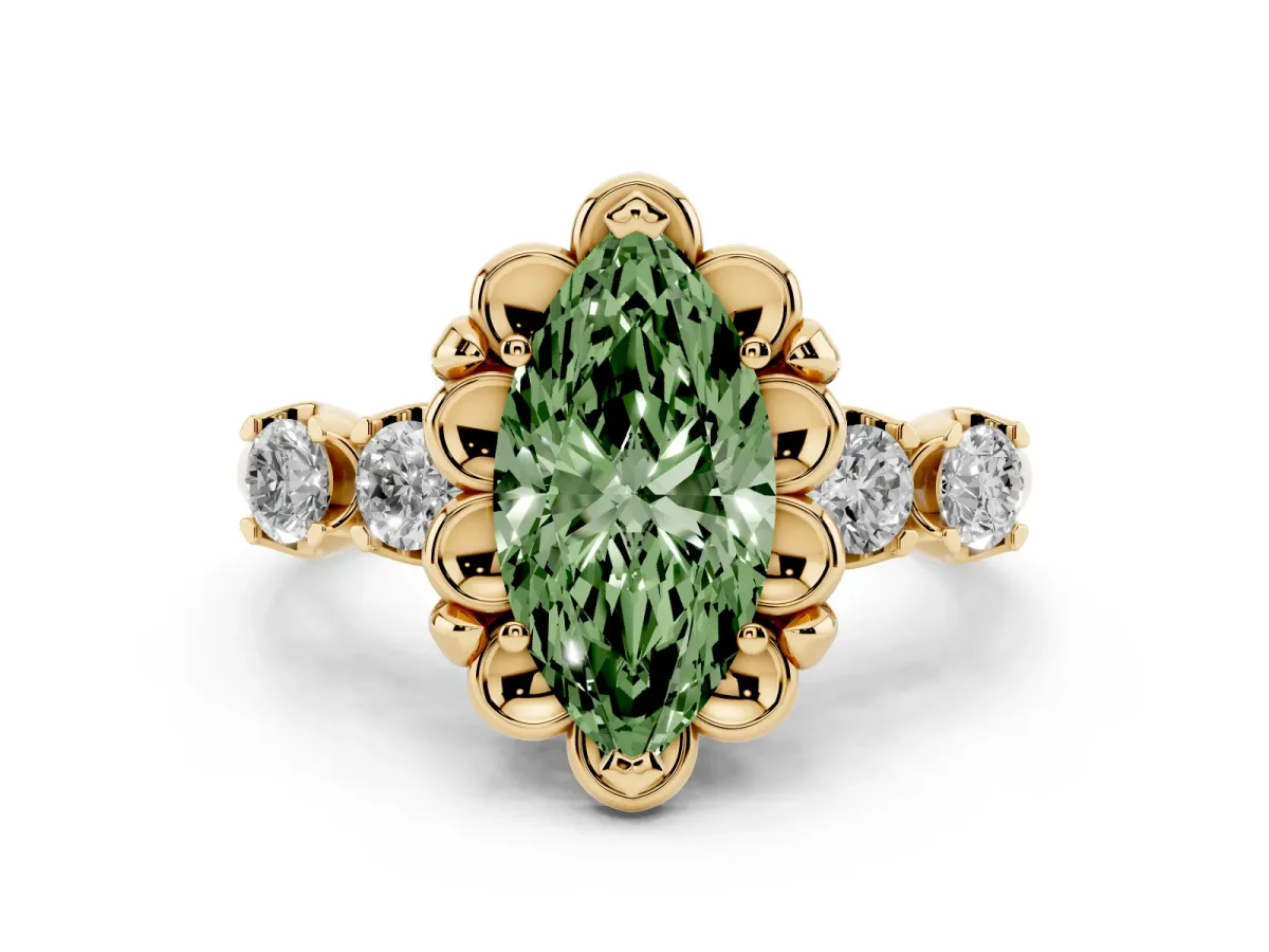 Fancy Green Marquise Cut Diamond Floral Halo Ring Set in Yellow gold with Shared Prong Band