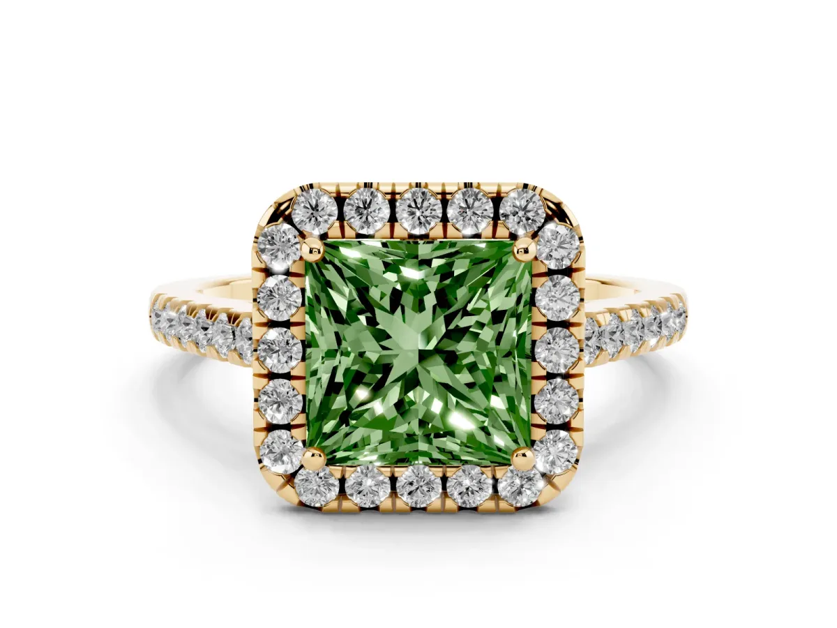 Fancy Green Princess Cut Diamond Pavé Halo Engagement Ring Set in Yellow gold with Pavé Band and Prong Setting