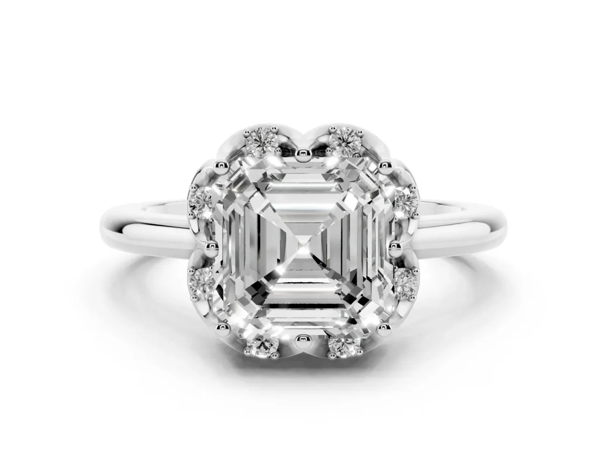 Asscher Cut Diamond Round Cluster Halo Ring Set in White gold with Solitaire Band and Prong Setting