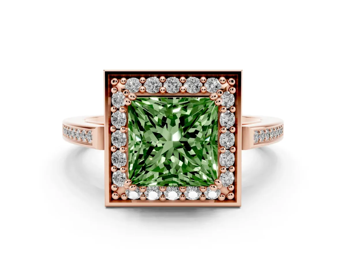 Fancy Green Princess Cut Diamond Halo Ring Set in Rose gold with Accent-Lined Split Shank and Prong Setting